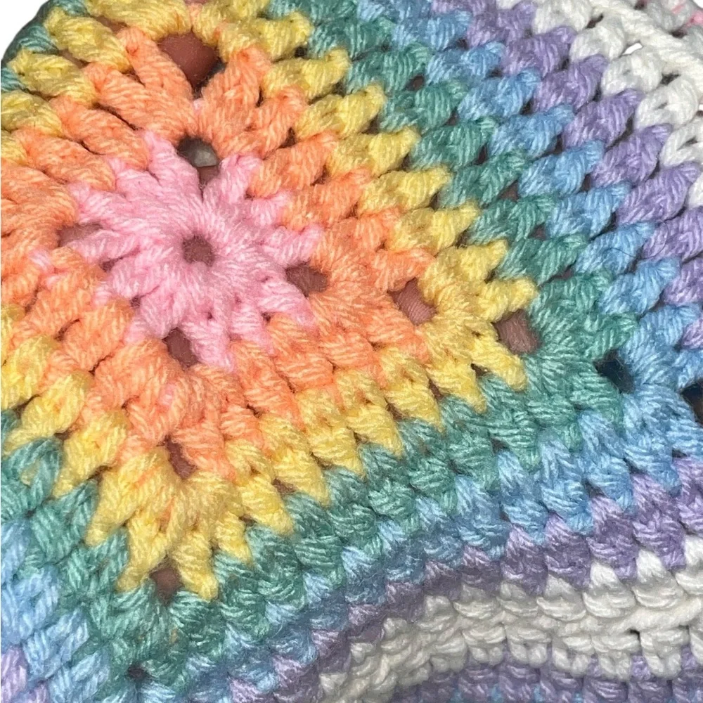 Vintage 70s  Square Granny Afghan Crochet Baby, Chair Blanket  35.5 Inches
